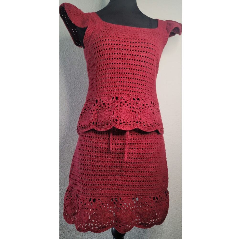 Red Universal Thread Flutter Sleeve Crochet Tank Top and Matching Mini Skirt S